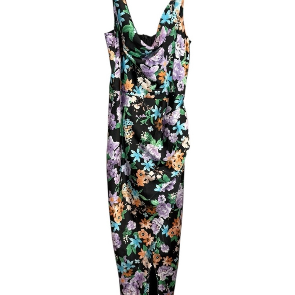 Lulus Cute Pursuit black floral satin cowl neck tulip midi dress size small